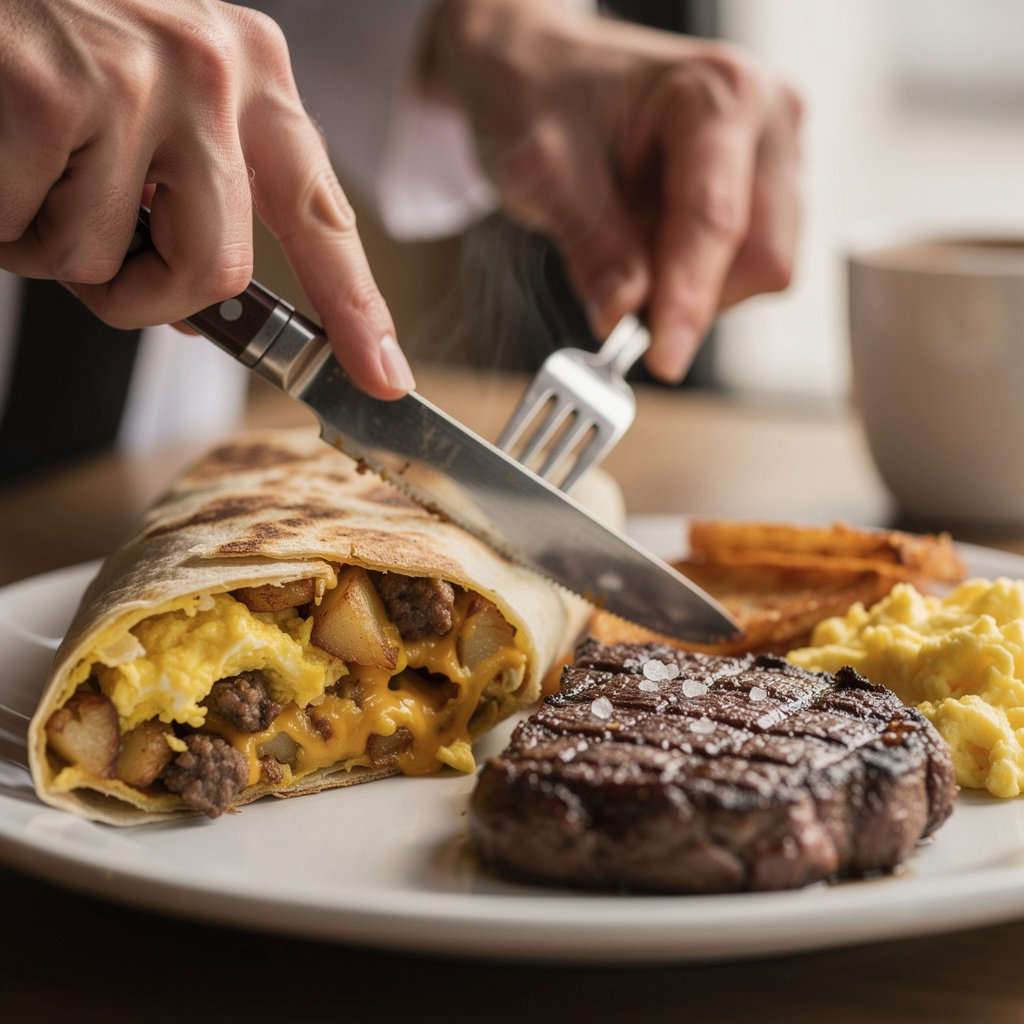 George's Cafe signature breakfast burrito and steak dishes presented on a rustic table in San Diego
